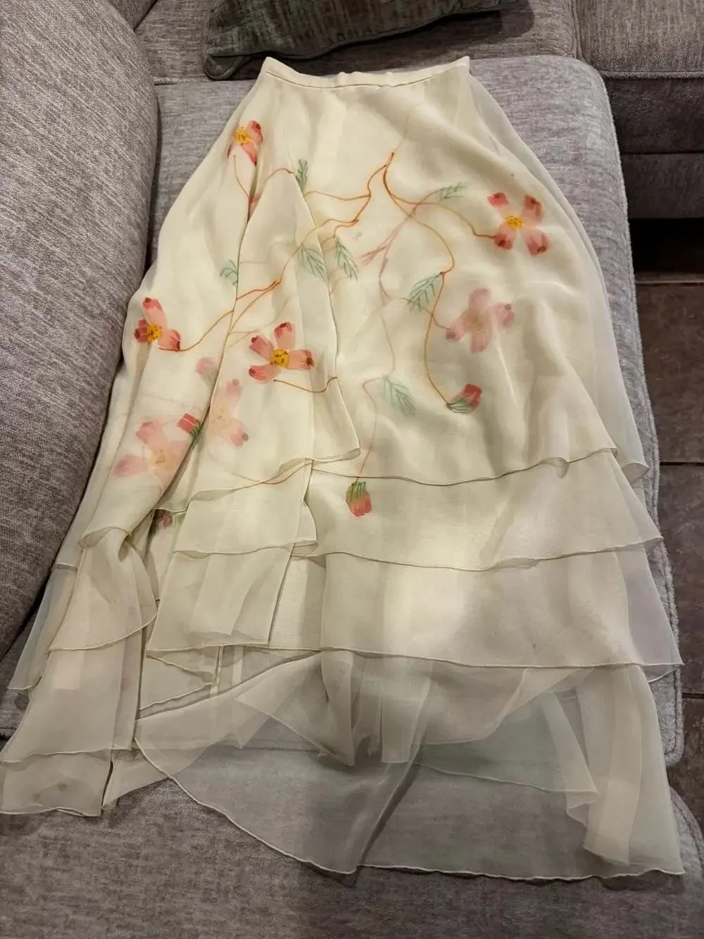 Vintage Mimosa Tree Cream Floral Print Tiered Chiffon Maxi Skirt